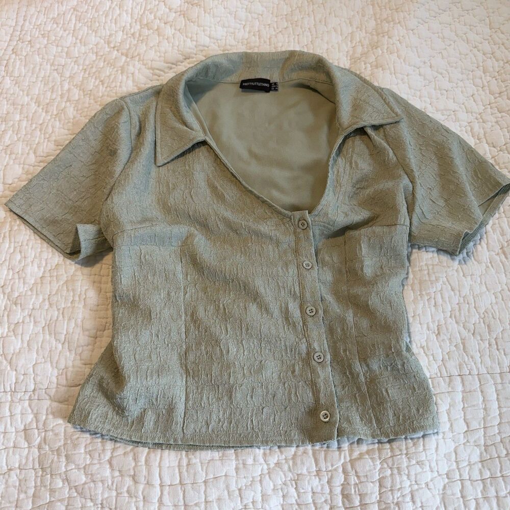Pretty Little Thing Textured Sage Green Button Up Collared Top Size 12